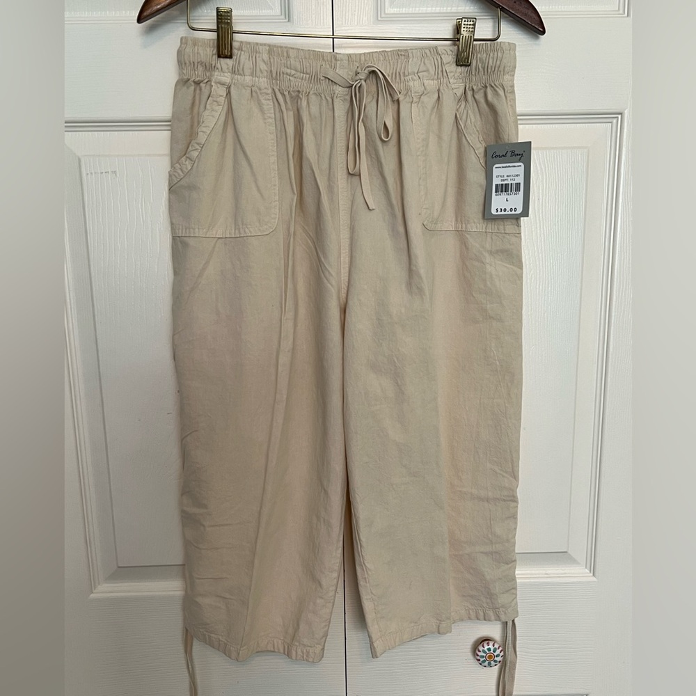 NWT Coral Bay Elastic Waist 100% Cotton Cropped Capri Pants-Size L